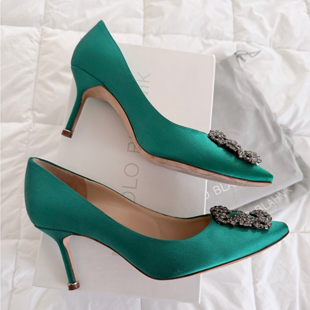 Manolo Blahnik Hangisi 70 Emerald Satin Heels with Crystal Accents